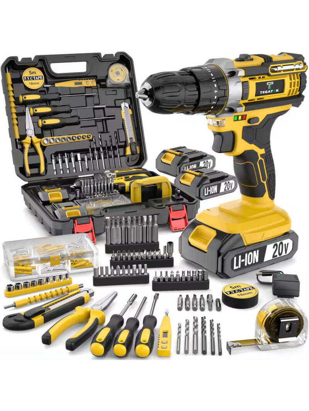 Tegatok 20V 58/136pcs/147pcs Cordless Impact Drill Kit